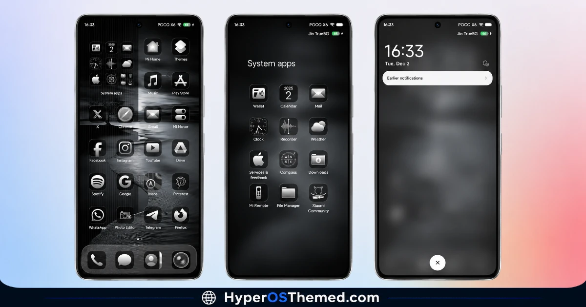 Black Flower HyperOS Theme with Fresh Wallpapers, New Status Bar, Dynamic Lock Screen