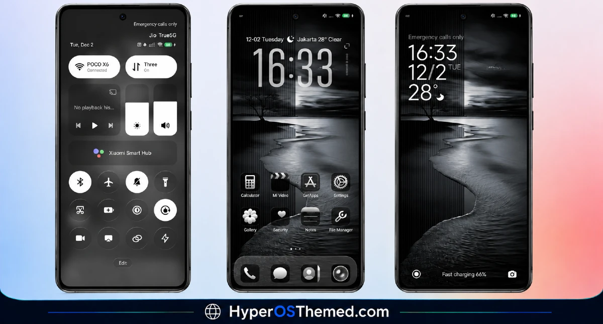 Black Flower HyperOS Theme with Fresh Wallpapers, New Status Bar, Dynamic Lock Screen