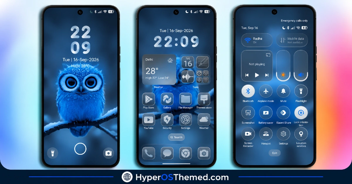 Default-3 HyperOS Theme with Blue Liquid Glass effect for Xiaomi, POCO, Redmi