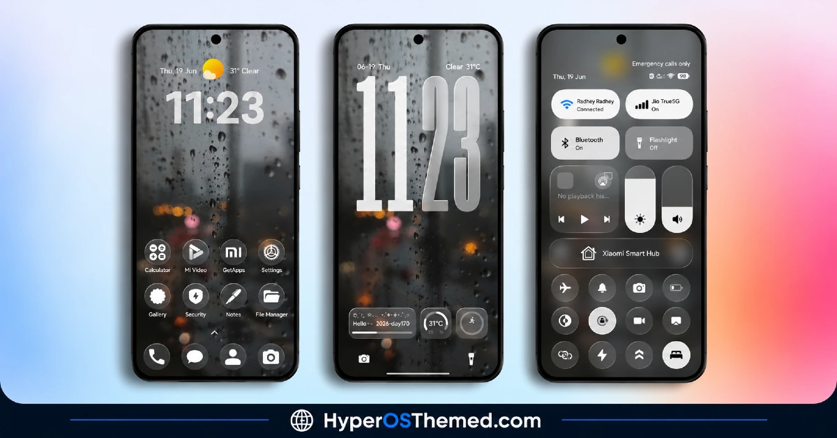 GlassyM HyperOS Theme with Frosted Glass Rainy-Night Lock Screen for Xiaomi, POCO, Redmi 1