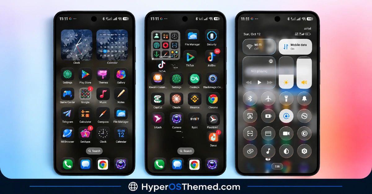 TOP VK HyperOS Theme with Liquid Glass Clock Numerals, 3D Dark Icons, and a Frosted Glass Control Center 2
